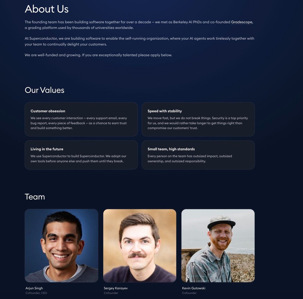 Superconductor About Us page showing the company mission, values, and founding team