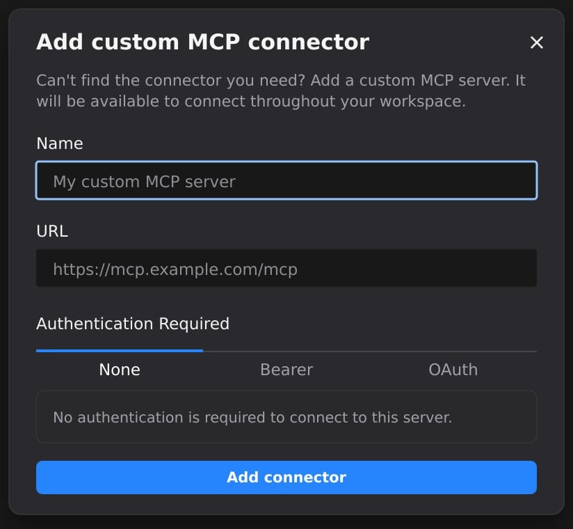 Add custom MCP connector modal in dark mode, with fields for name, URL, and authentication
