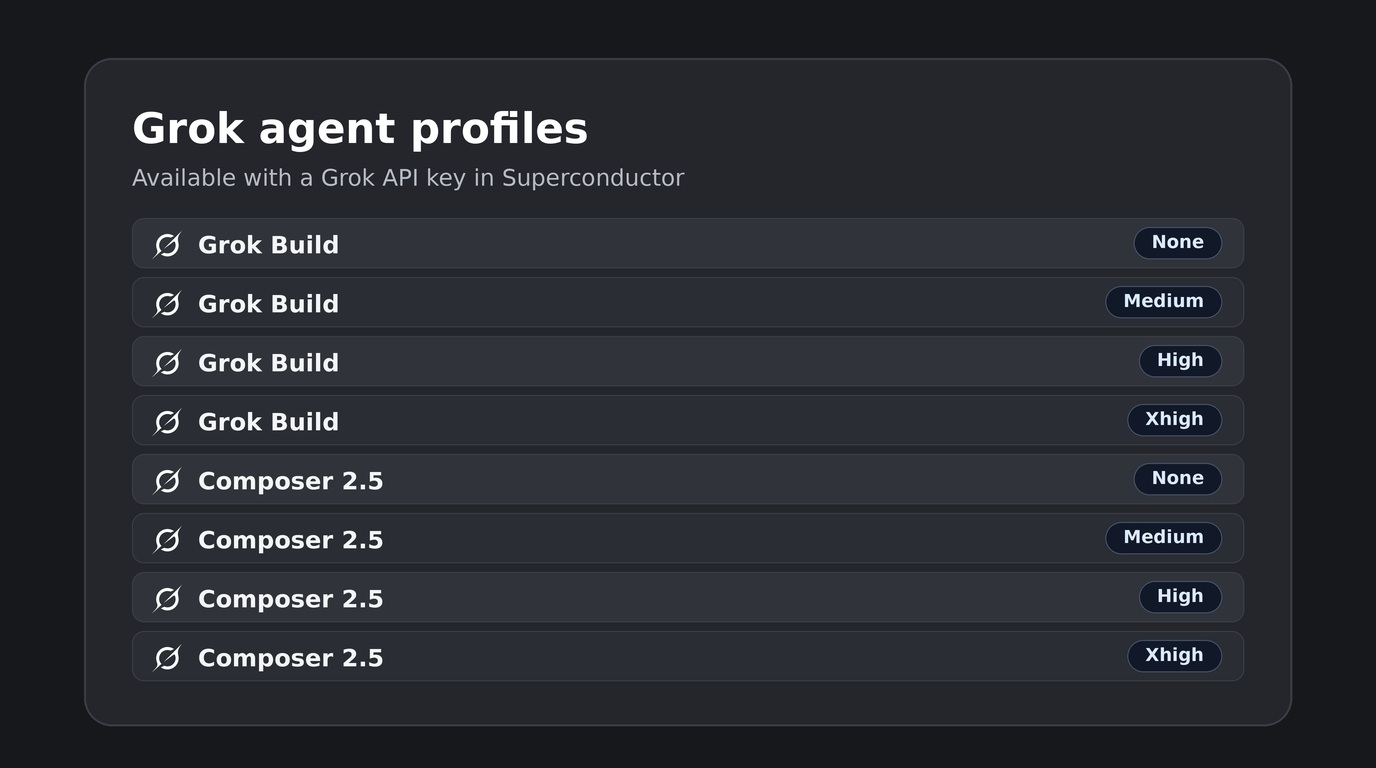 Grok Build and Composer 2.5 agent profiles available in Superconductor