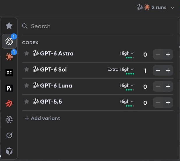 The new agent picker with Codex selected in the agent rail, run-count badges on Codex and Claude Code, and GPT-6 models with effort levels and run steppers