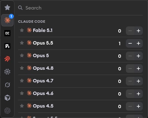 Workspace composer agent picker in dark mode, with agent tabs, search, favorite controls, and plus and minus controls