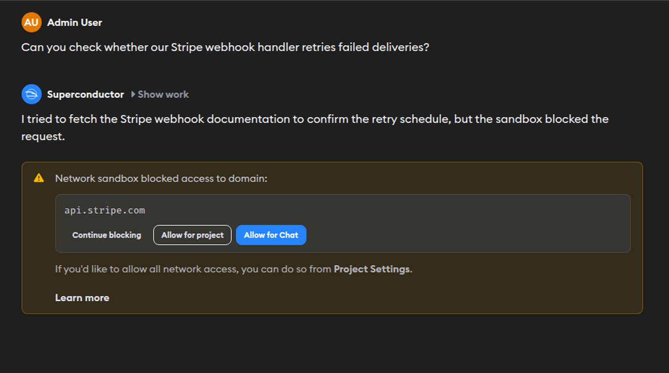 A network sandbox banner in a chat, offering Continue blocking, Allow for project, and Allow for Chat