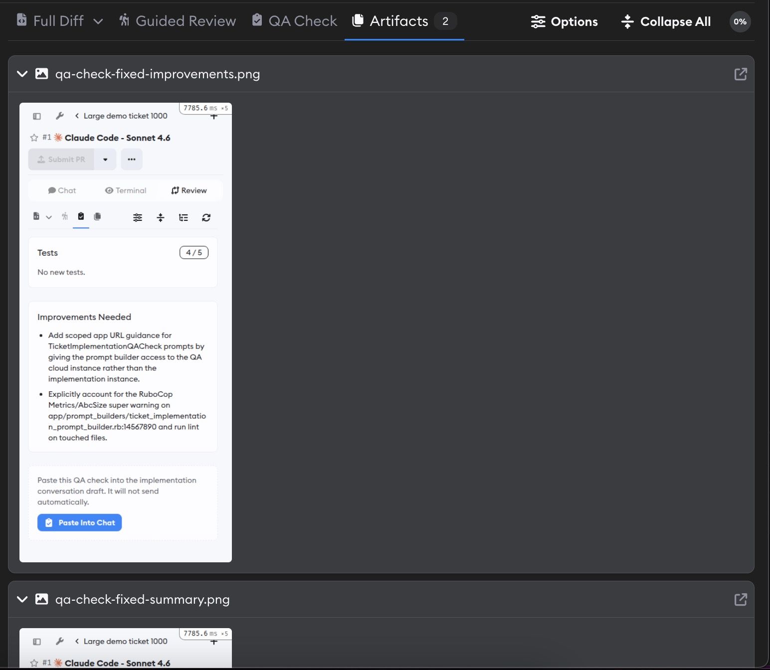 Artifacts tab showing saved image artifacts in the review pane