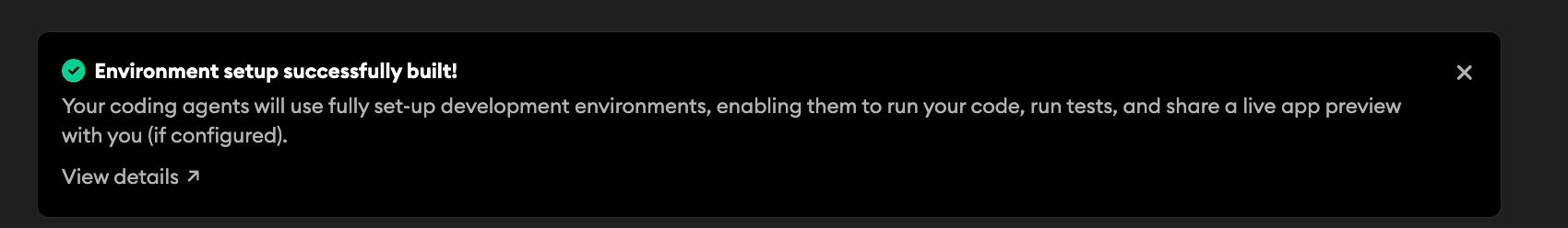 Automatic Environment Setup success banner on a project page