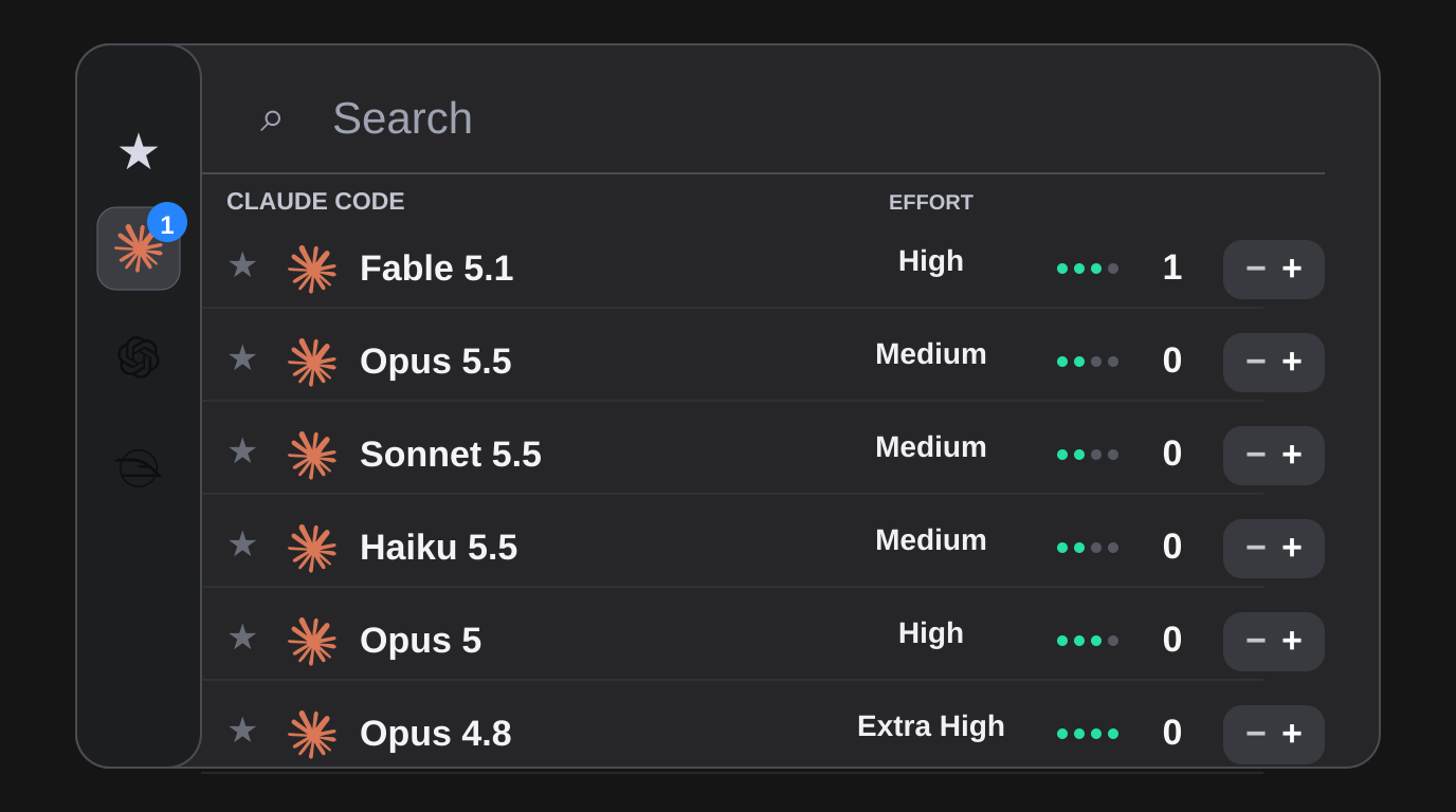 Agent picker in dark mode showing Claude Code models with effort level controls