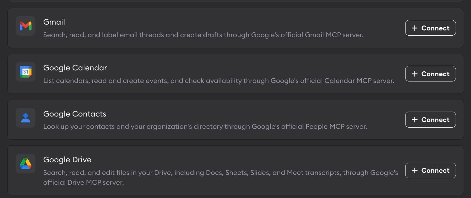 The Gmail, Google Calendar, Google Contacts, and Google Drive connectors in Workspace Settings, each with a Connect button