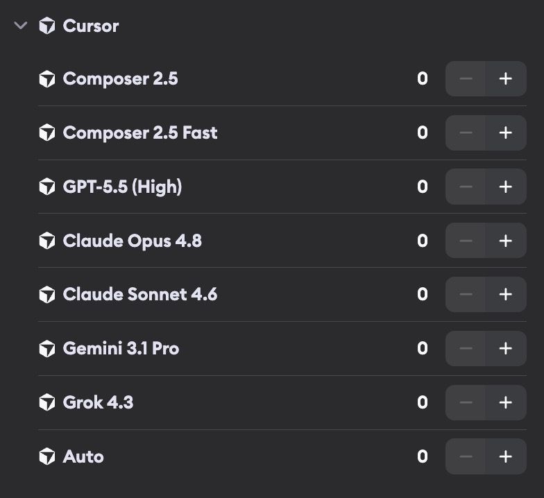 Cursor model selection showing Composer 2.5, GPT-5.5, Claude, Gemini, Grok, and Auto profiles