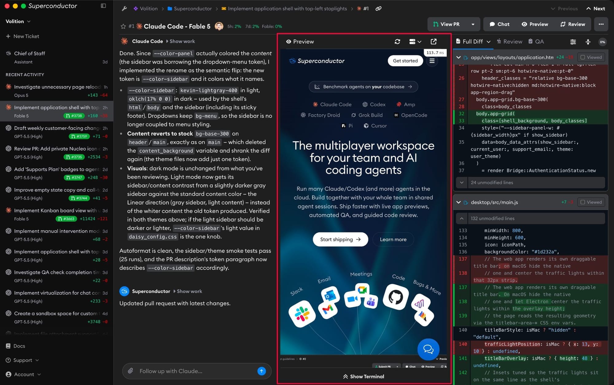 Superconductor desktop implementation page showing chat, preview, and diff panes side by side