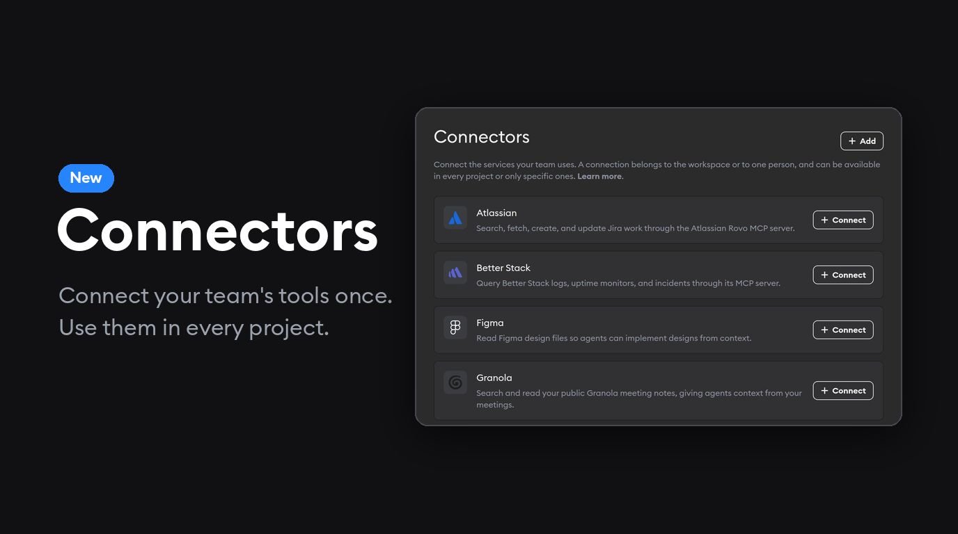 New: Connectors. Connect your team's tools once. Use them in every project. The Connectors page in Workspace Settings lists tools like Atlassian, Better Stack, Figma, and Granola, each with a Connect button.