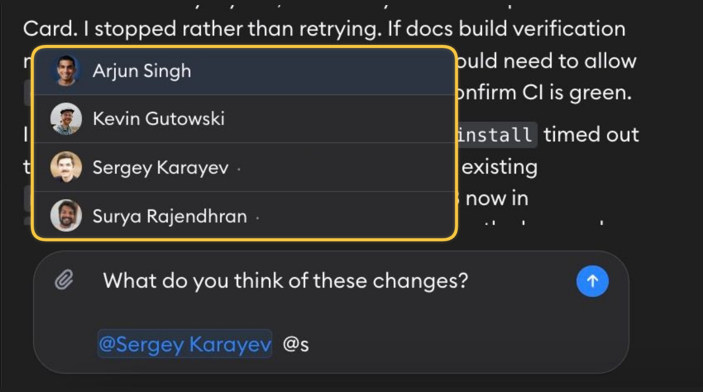 The chat composer in Superconductor with an @ mention autocomplete open, listing teammates to mention