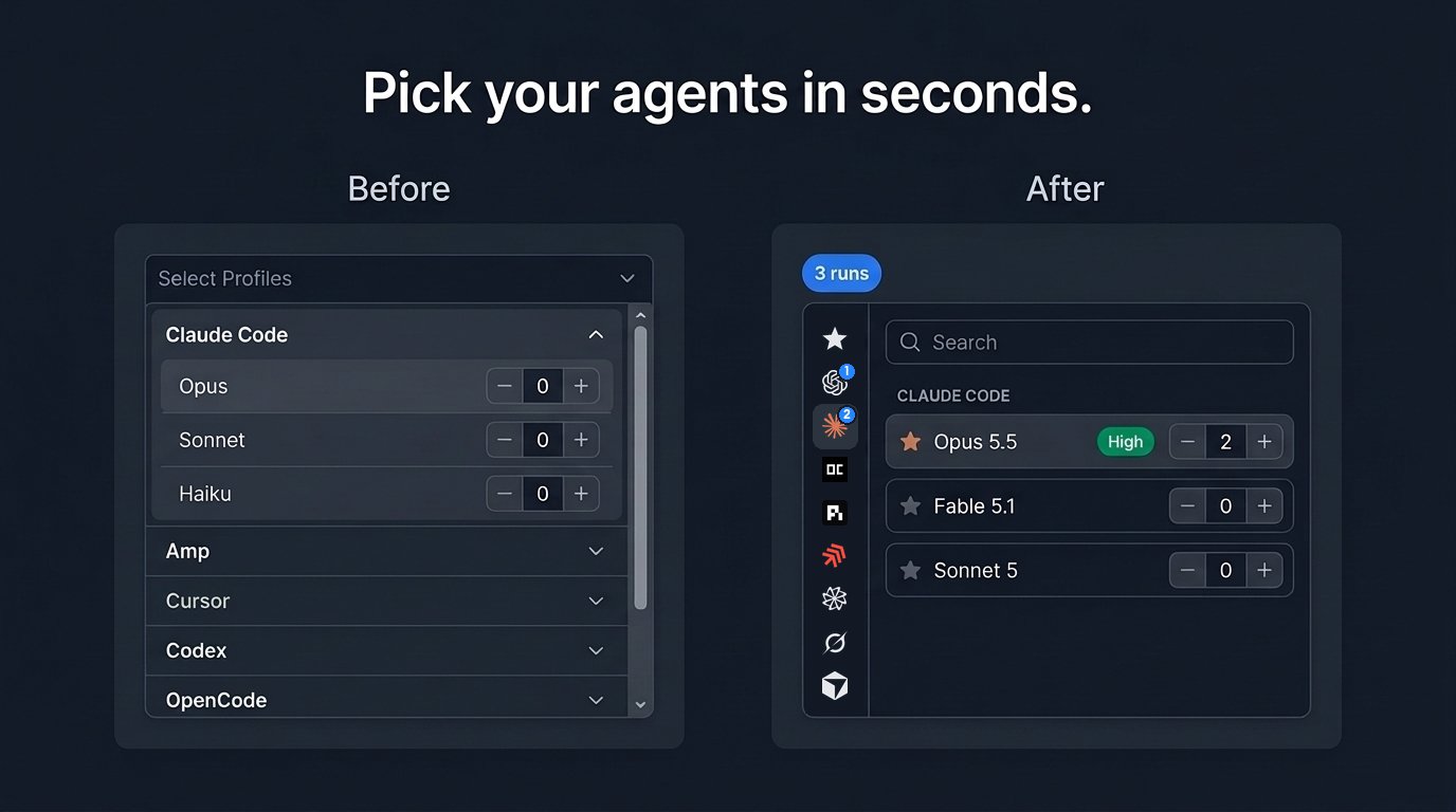 Before: a long grouped list of agents. After: an agent rail with run-count badges, search, and per-model effort levels and run steppers.