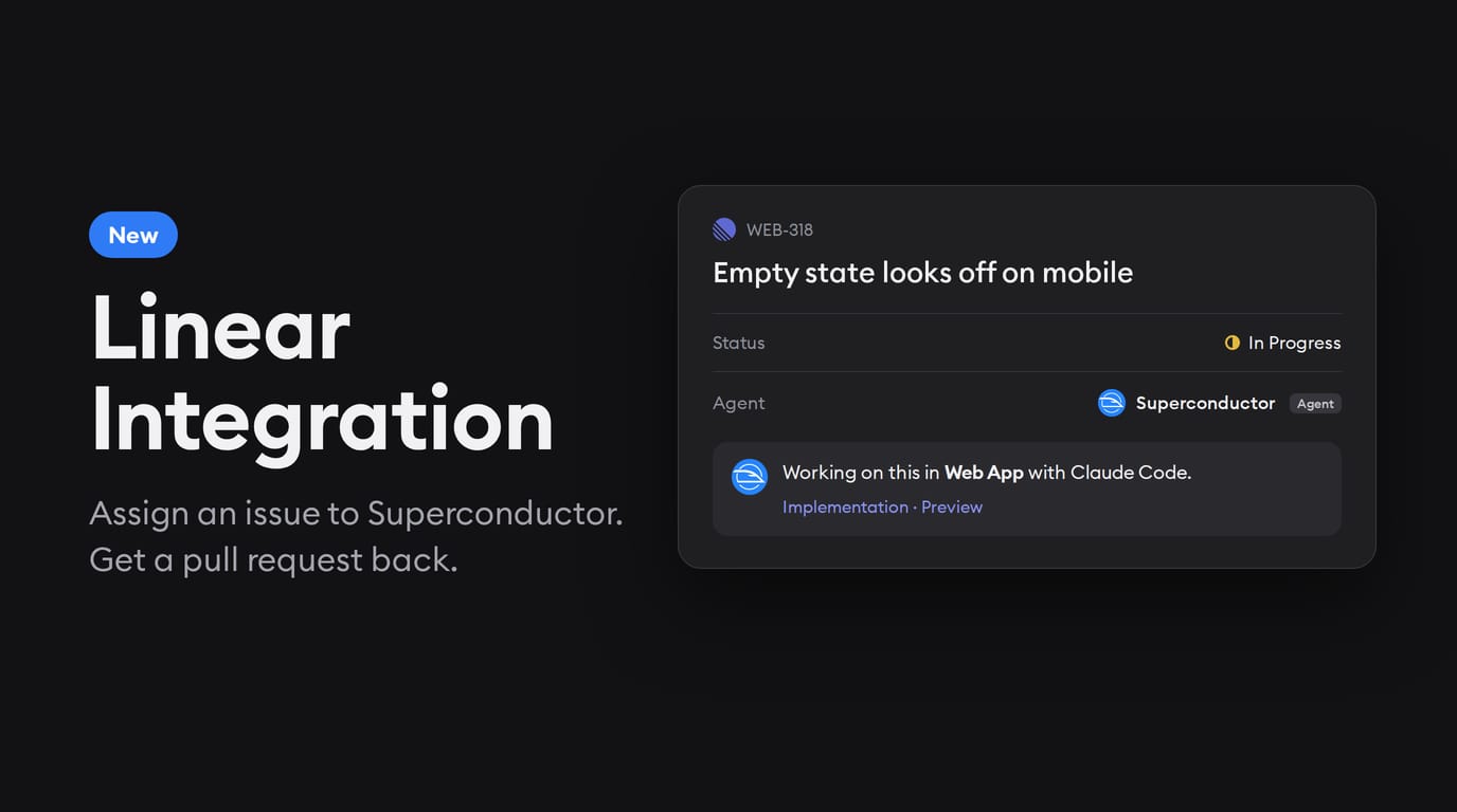 A Linear issue assigned to the Superconductor agent, moved to In Progress, with a reply saying it is working on the issue in the Web App project with Claude Code