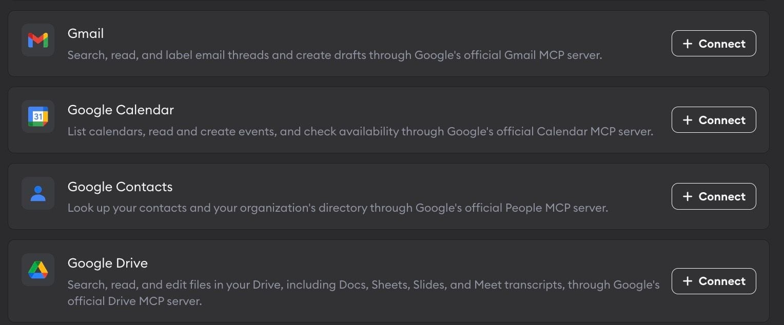 Workspace Settings Connectors page in dark mode, showing Gmail, Google Calendar, Google Contacts, and Google Drive connector cards