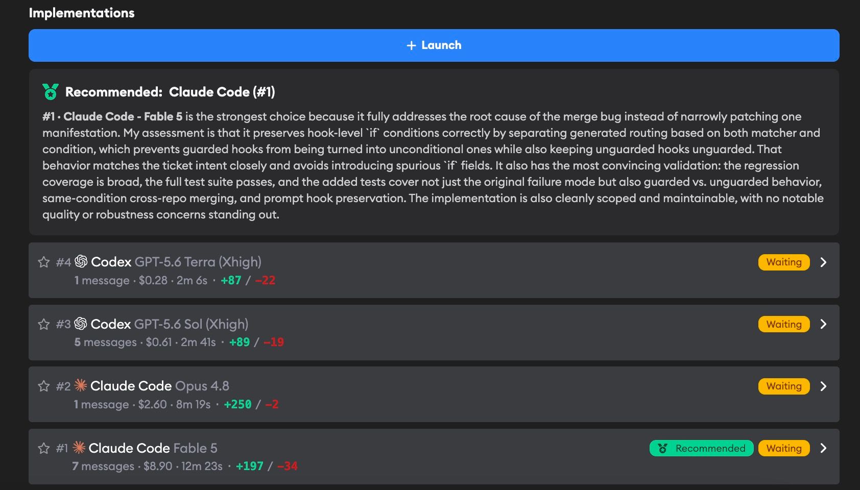Superconductor Implementation Recommendations selecting Claude Code with Fable 5 over GPT-5.6 Sol, GPT-5.6 Terra, and Opus 4.8 implementations