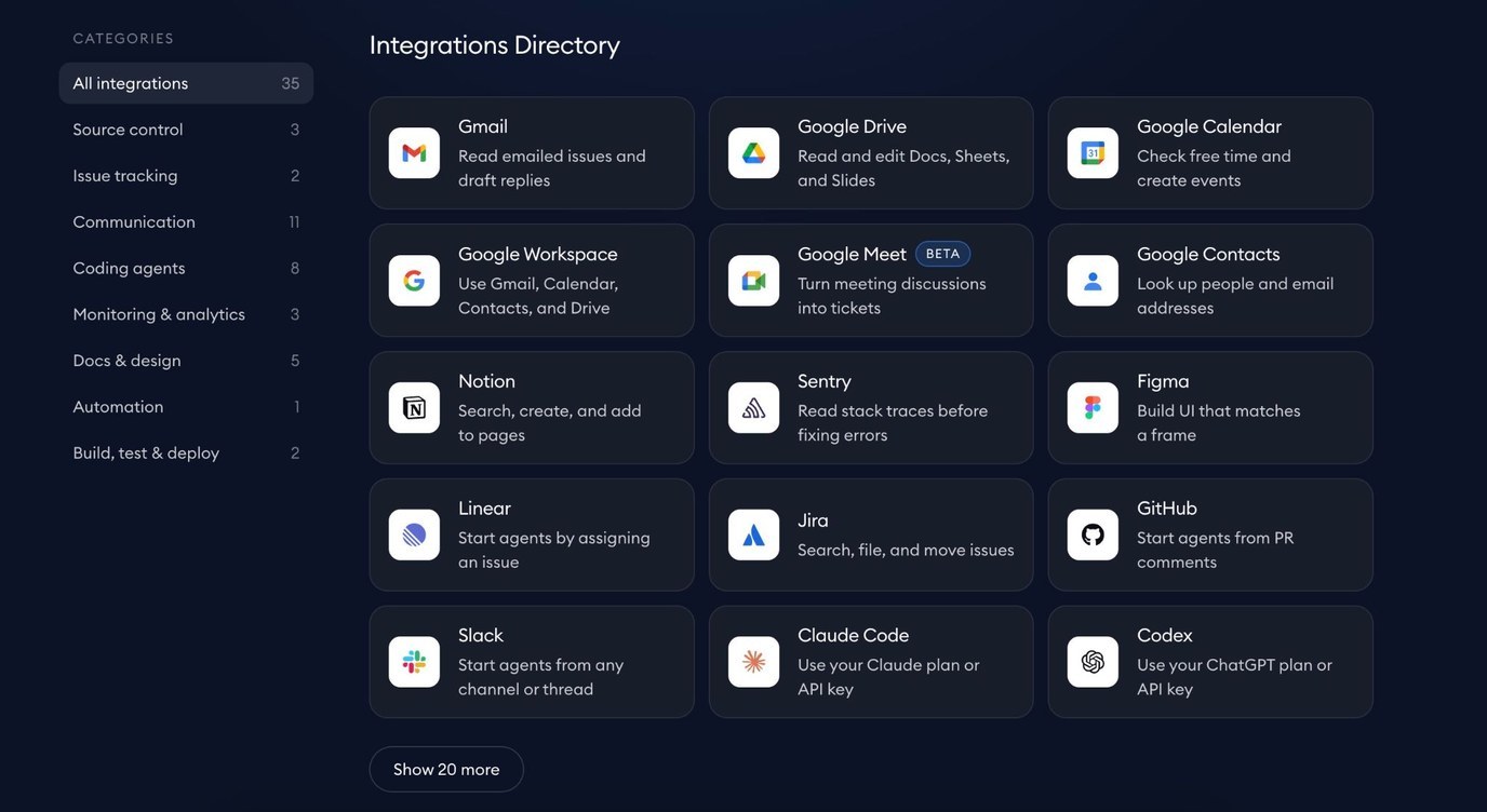 Superconductor Integrations page in dark mode, with category filters and integration cards
