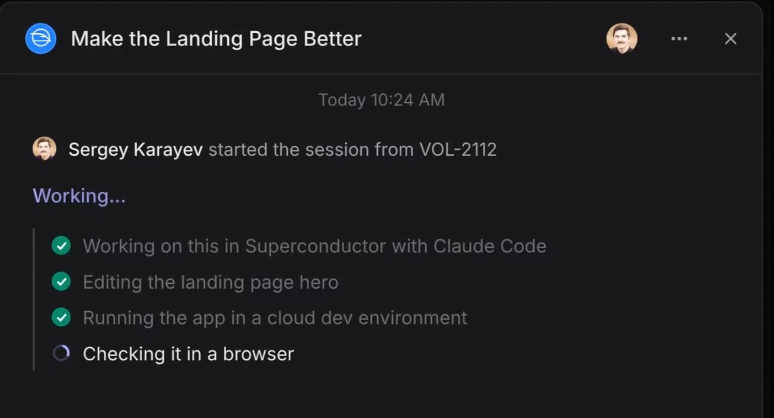 Linear issue thread showing Superconductor working on an issue, linking to the implementation and preview, and replying with progress