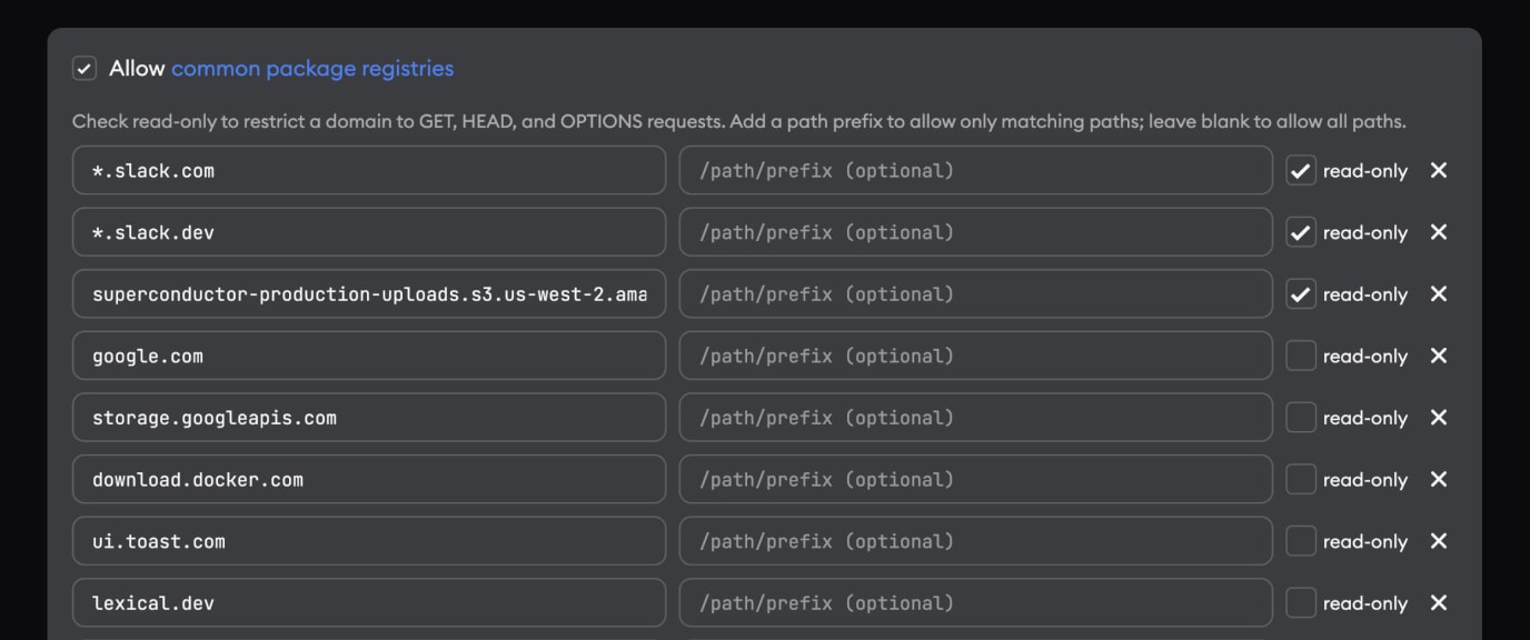 Network access settings showing path prefixes and read-only toggles on custom rules