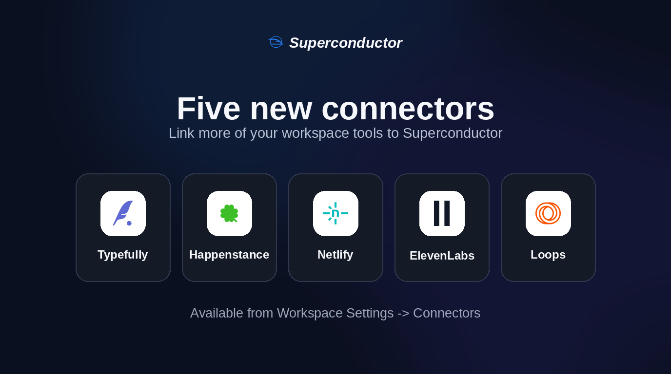 Superconductor New Connector Support graphic for Typefully, Happenstance, Netlify, ElevenLabs, and Loops