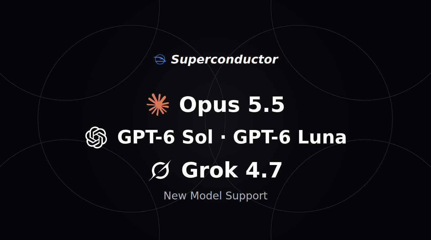 Superconductor Opus 5.5, GPT-6 Sol, GPT-6 Luna, and Grok 4.7 New Model Support graphic