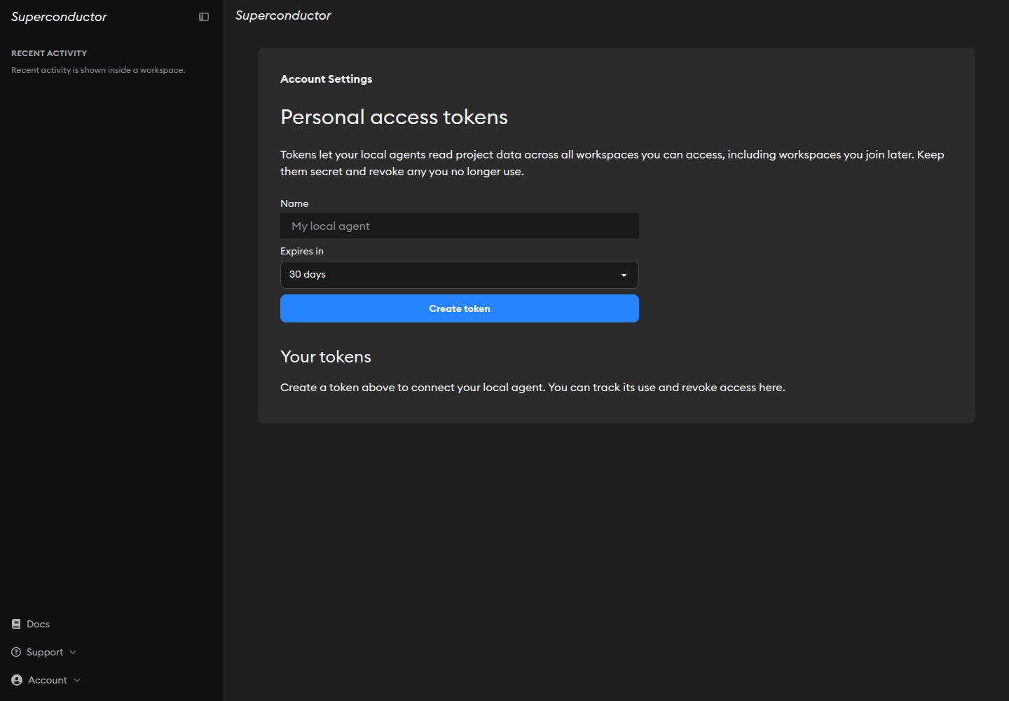 Account Settings Personal access tokens page in dark mode, with token name and expiration controls