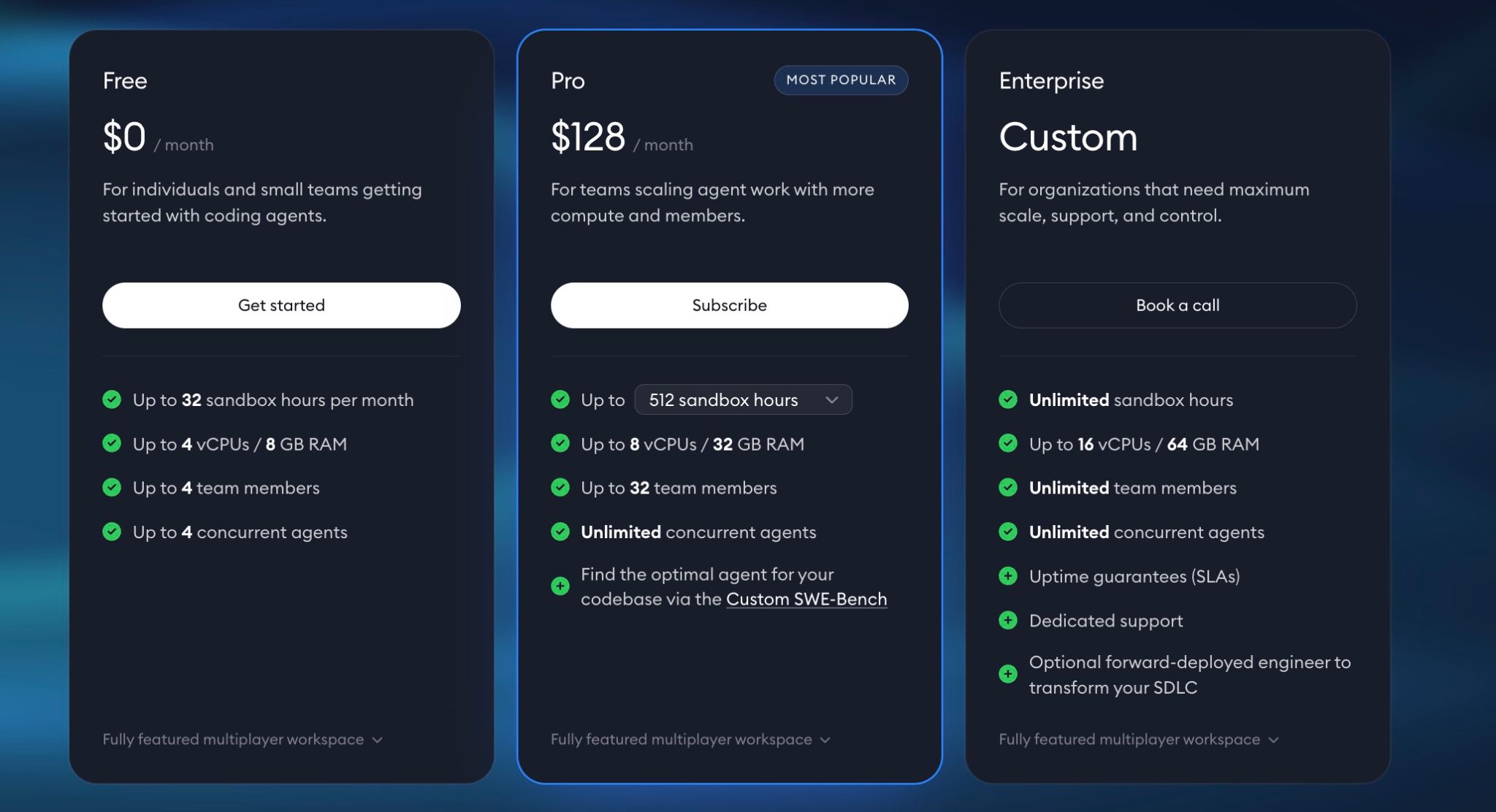 Superconductor pricing page showing Free, Pro, and Enterprise plans
