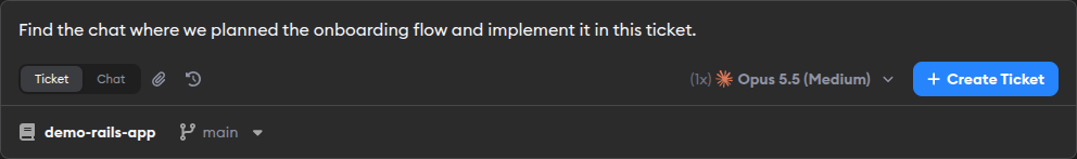 Superconductor chat input in dark mode with a request to find and use a related project chat