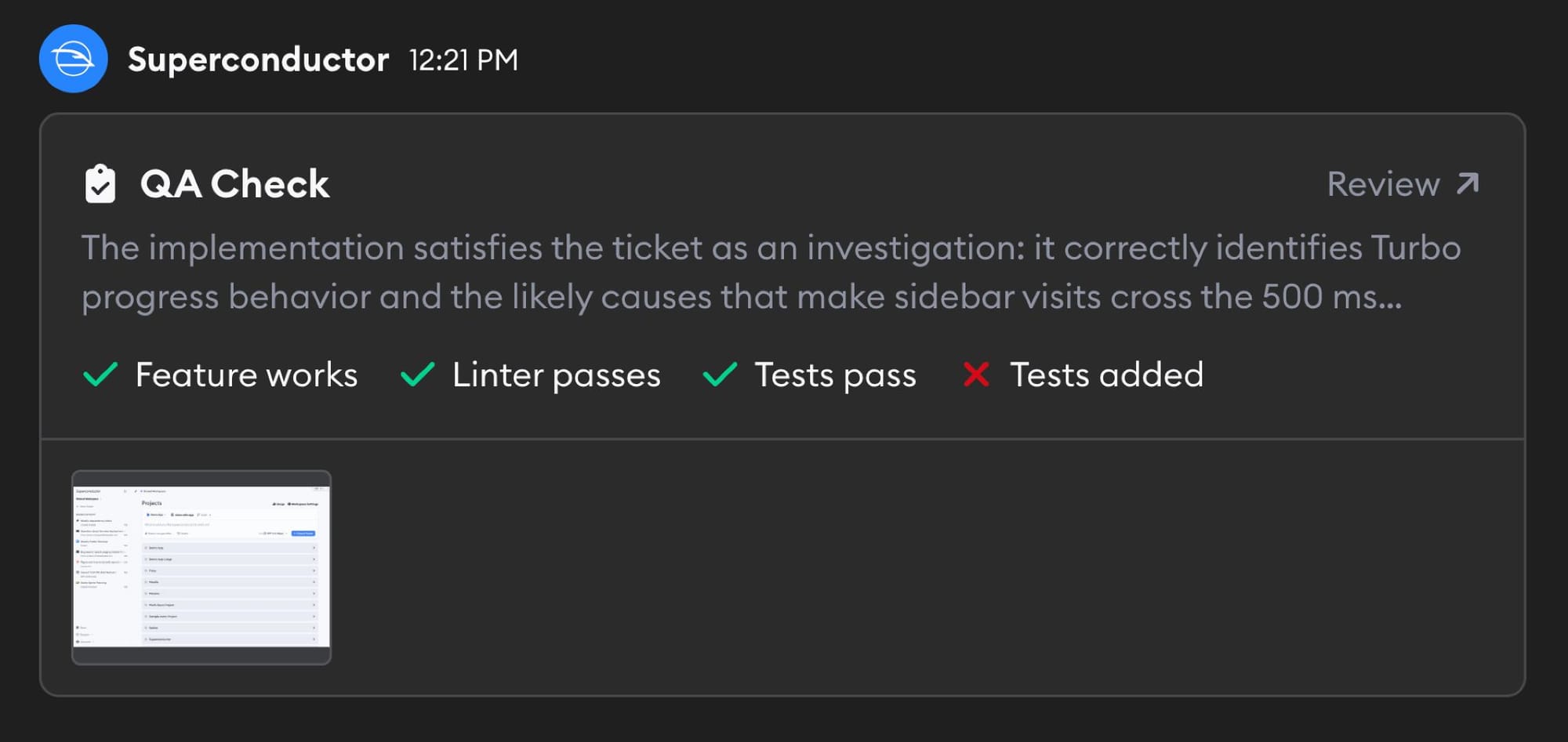 Superconductor QA Check card with summary, metric results, and screenshot thumbnail