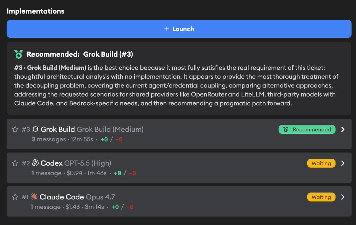 Superconductor implementation comparison showing Grok Build recommended over Codex GPT-5.5 and Claude Code Opus 4.7
