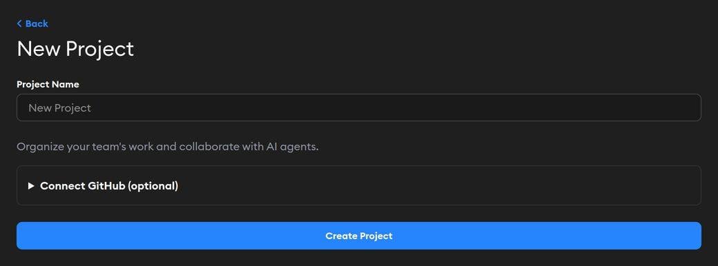 New Project form in dark mode, showing a project name field and optional GitHub connection section