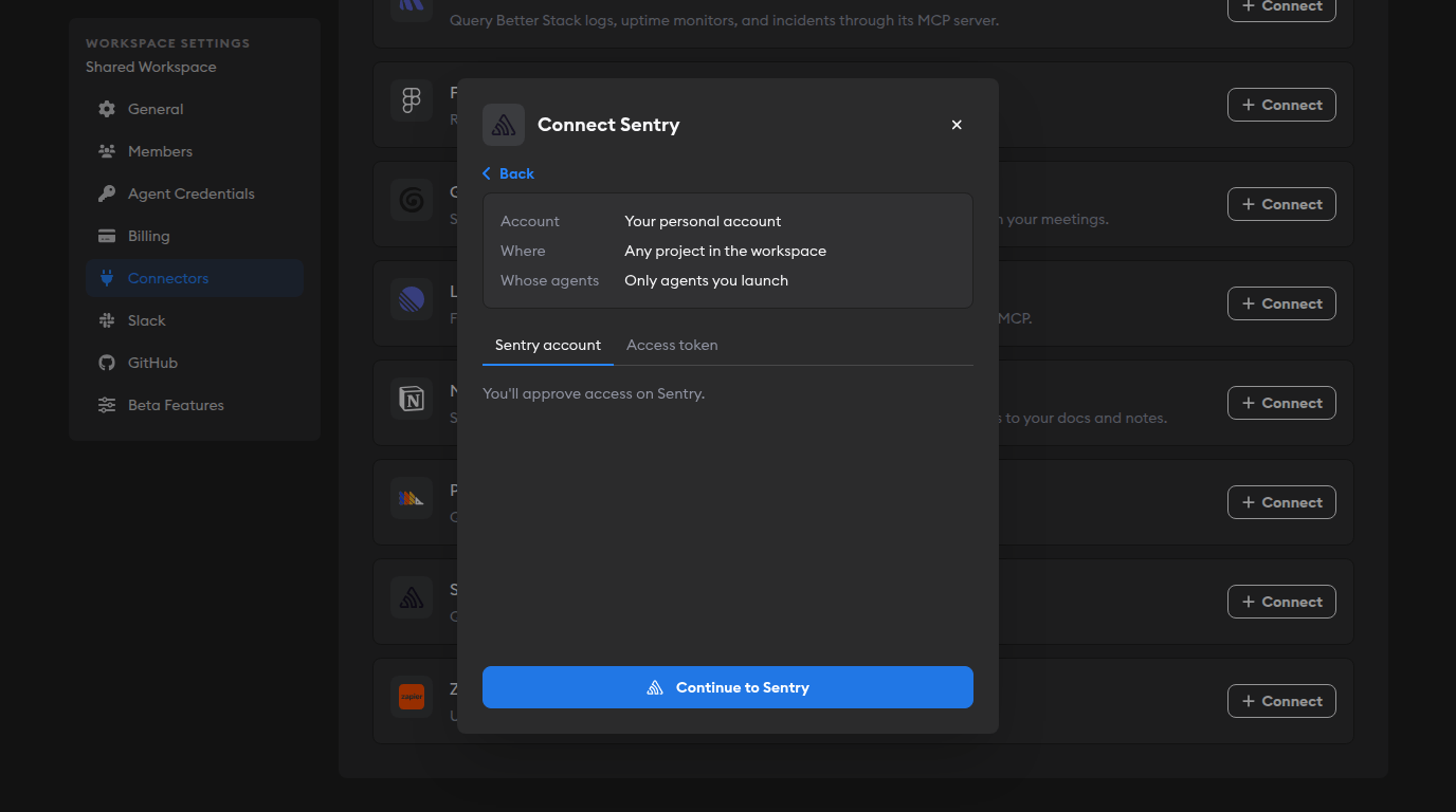 Connect Sentry modal in dark mode, showing the Sentry account tab and Continue to Sentry button