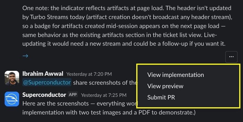 Slack thread menu for submitting a pull request from Superconductor