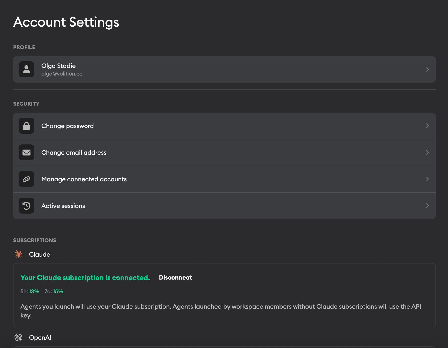 Account Settings page showing profile, security, and subscriptions sections