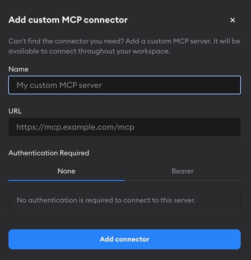 Add custom MCP connector form with fields for a name and URL, and None or Bearer authentication