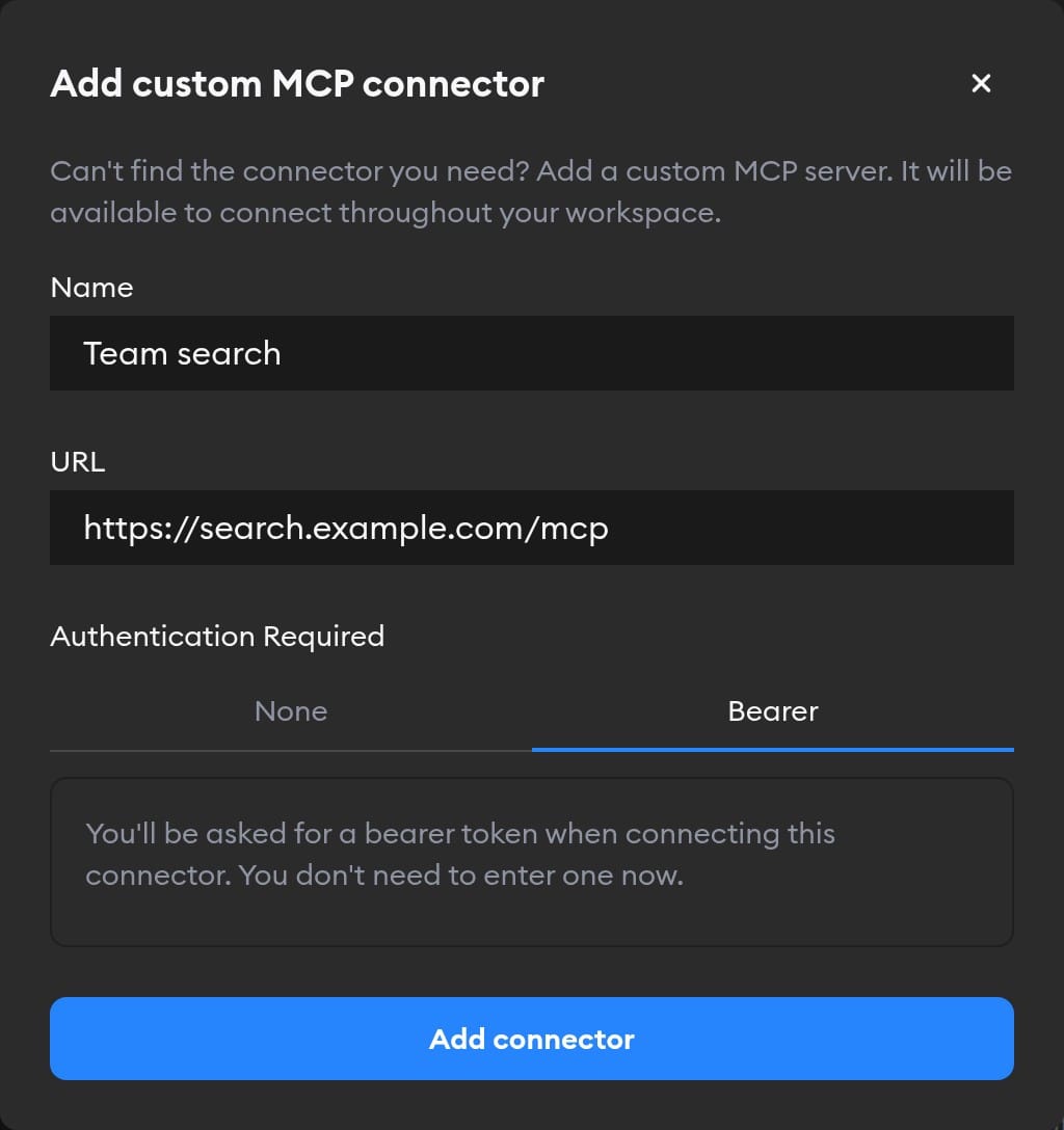 Add custom MCP connector form filled in with a name, a URL, and Bearer authentication selected