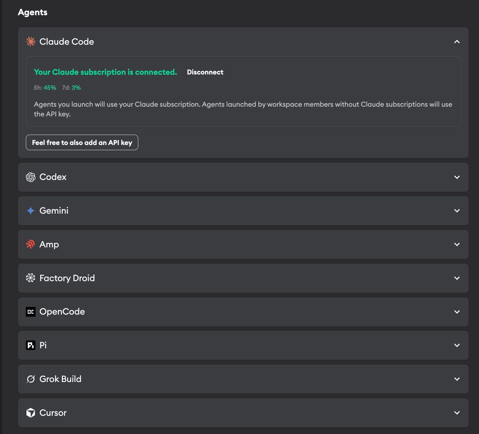 Agent credentials configuration showing Claude Code, Codex, Gemini, Amp, Factory Droid, OpenCode, Pi, Grok Build, and Cursor credential sections