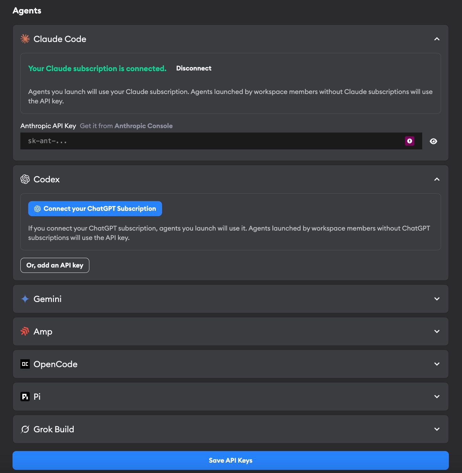 Agent credentials configuration showing Claude Code, Amp, Codex, and OpenCode with API key fields