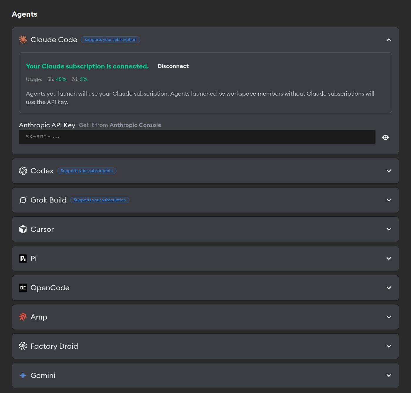 Agent credentials configuration showing Claude Code, Codex, Grok Build, Cursor, Pi, OpenCode, Amp, Factory Droid, and Gemini credential sections