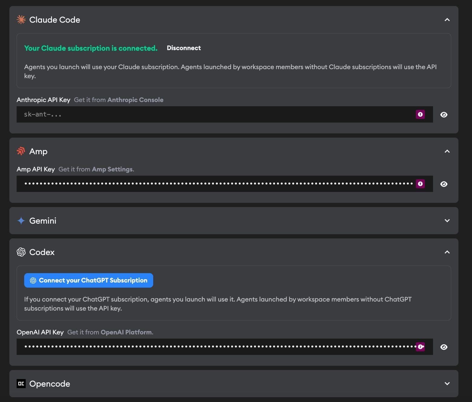 Agent credentials configuration showing Claude Code, Amp, Gemini, Codex, and Opencode with API key fields