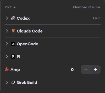 Agent profiles available in Superconductor including Claude Code, Codex, Amp, OpenCode, and Pi