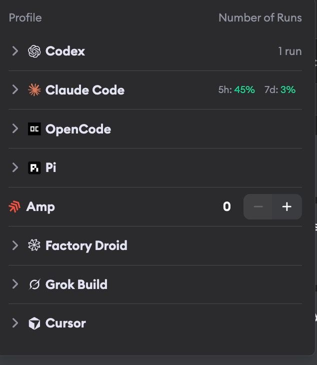 Agent profiles available in Superconductor including Claude Code, Codex, OpenCode, Pi, Amp, Factory Droid, Grok Build, and Cursor