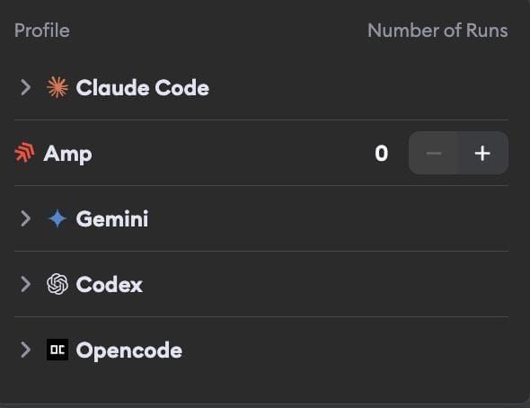 Agent profiles available in Superconductor including Claude Code, Amp, Gemini, Codex, and Opencode
