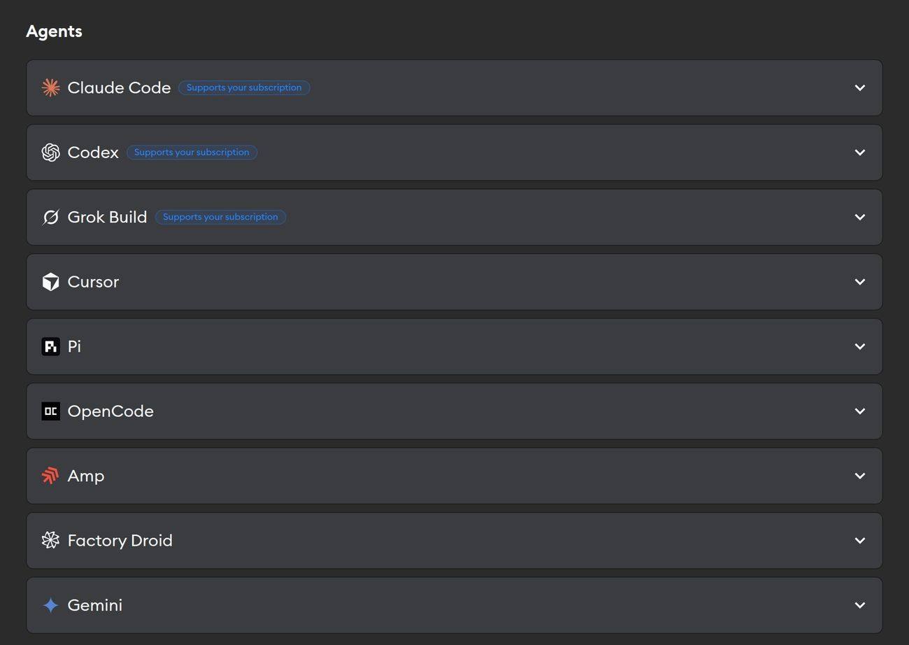 Agents available in Superconductor including Claude Code, Codex, Grok Build, Cursor, Pi, OpenCode, Amp, Factory Droid, and Gemini