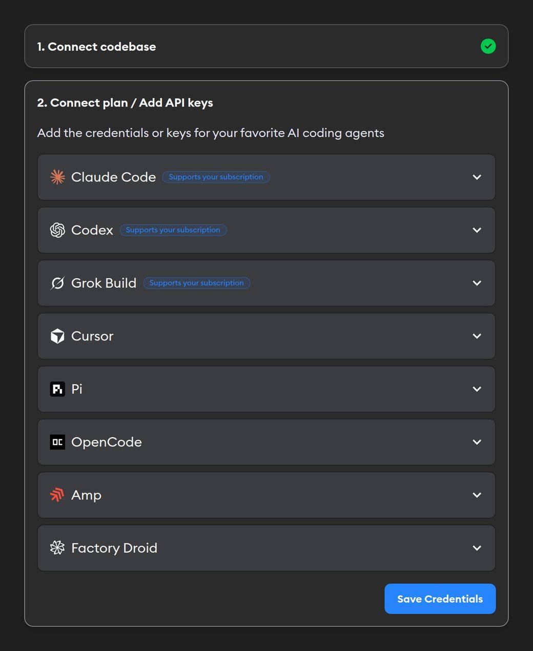 Connect plan / Add API keys step listing Claude Code, Codex, Grok Build, Cursor, Pi, OpenCode, Amp, and Factory Droid