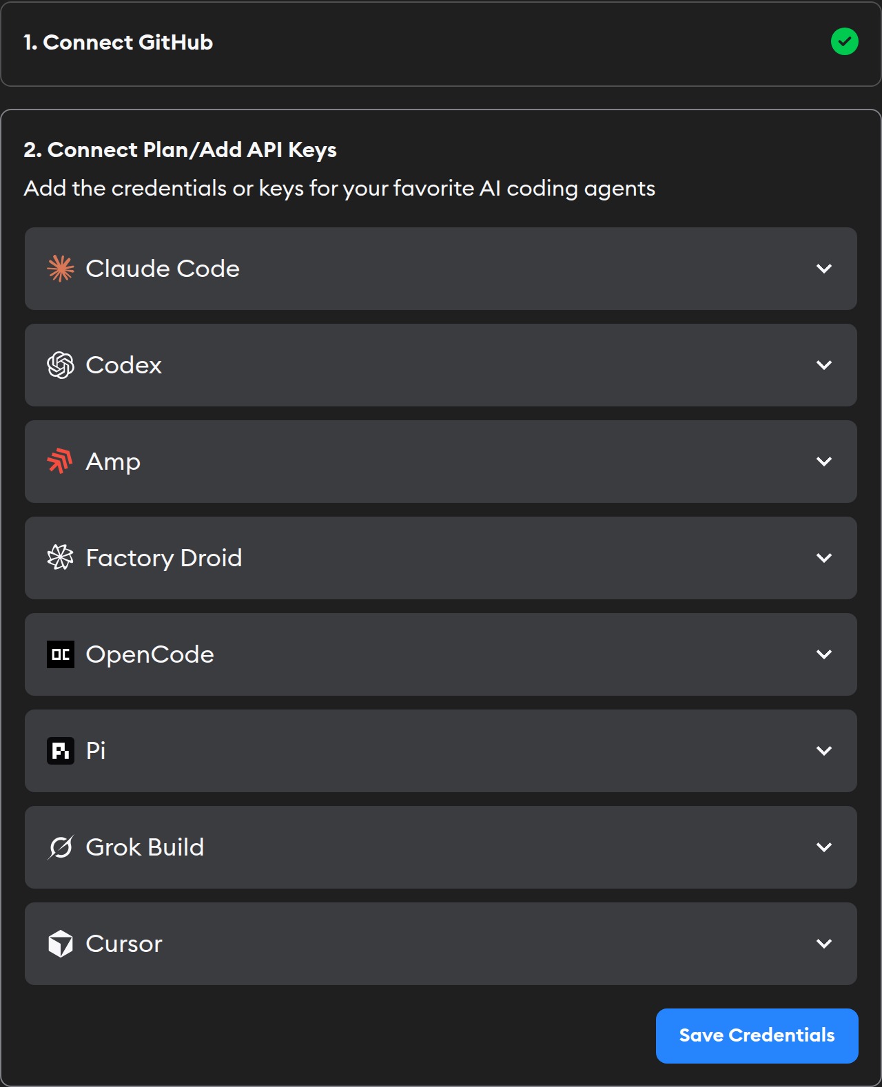 Workspace setup panel showing GitHub connected and Connect Plan/Add API Keys as the active step