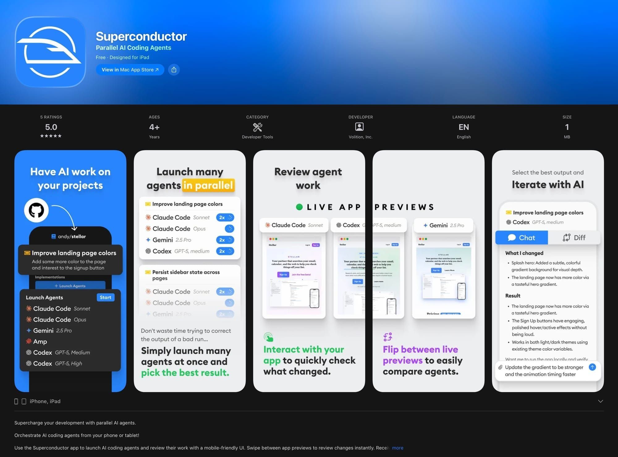 Superconductor iOS App Store page showing mobile app preview with parallel AI agents