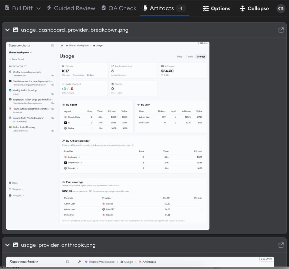 Artifacts tab in the review pane showing expanded screenshot artifacts alongside the Full Diff and Guided Review tabs