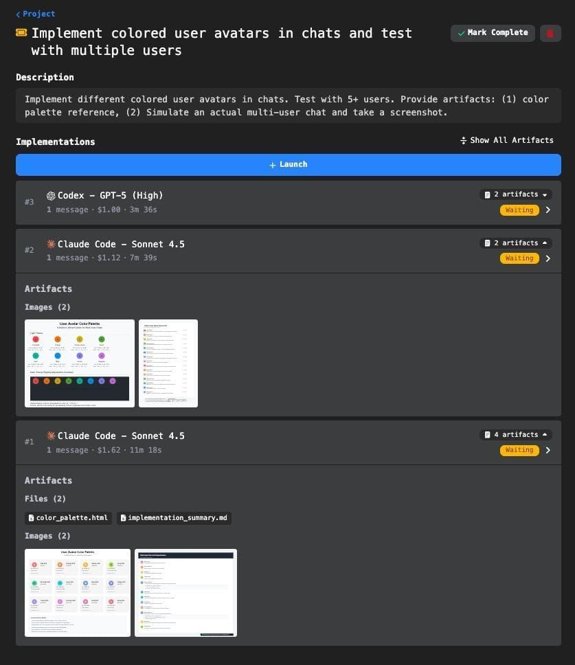 Ticket implementations showing artifacts with images and files shared by AI agents