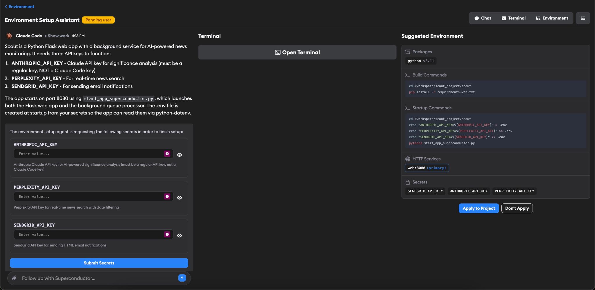 Assisted Environment Setup showing the three-pane UI with chat, terminal, and suggested environment configuration