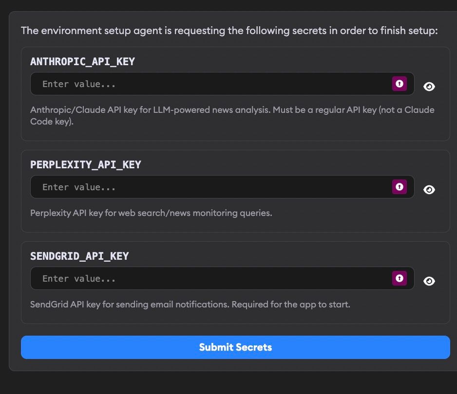 The secrets form in the chat pane, prompting the user to provide values for environment variables the agent identified