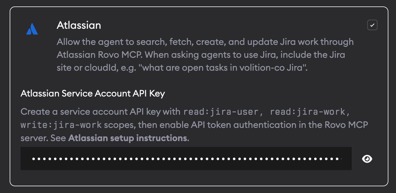 Atlassian MCP settings card with the service account API key field